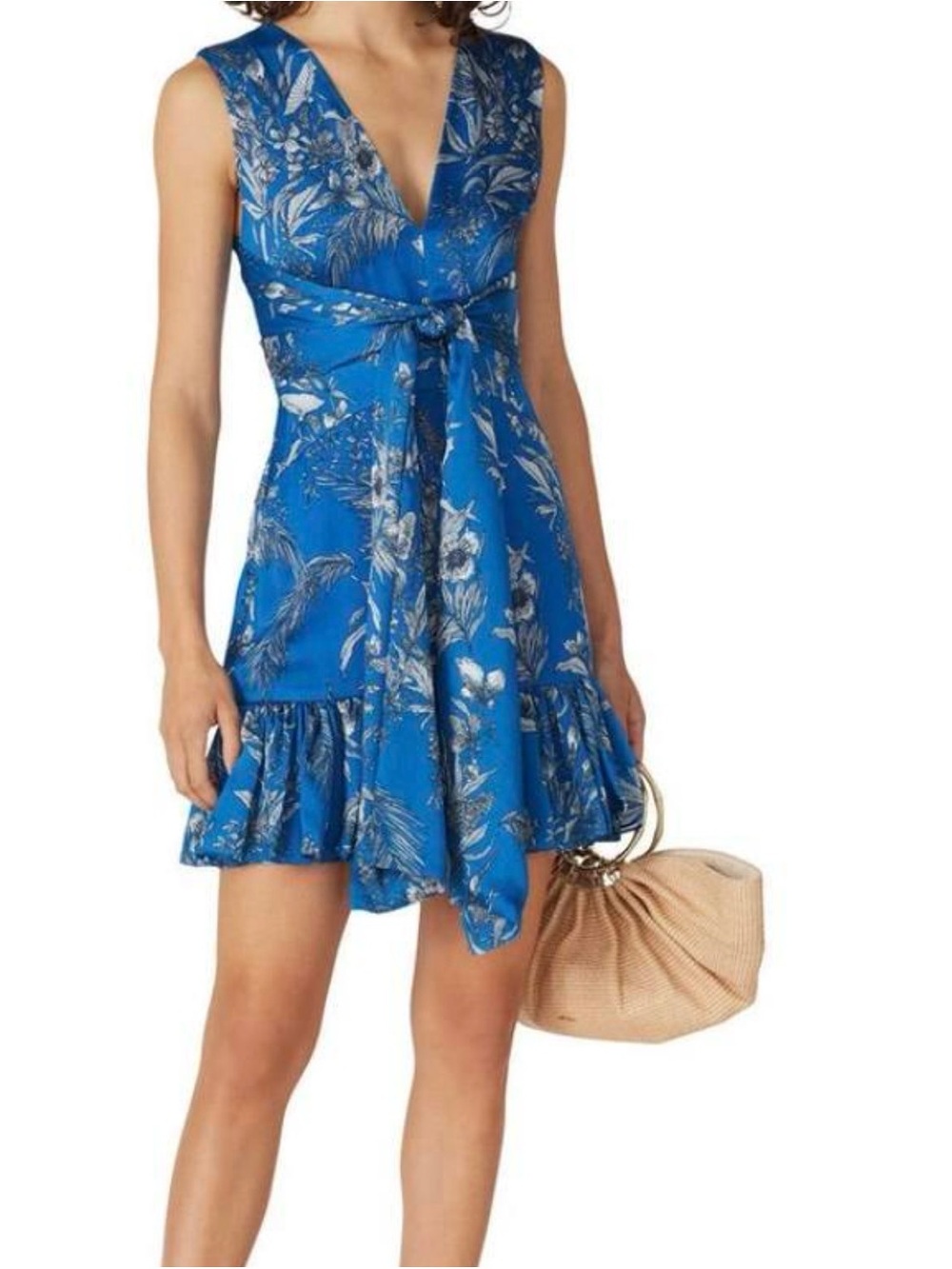 Alexis Cassara Blue Floral V-Neck High-Low Ruffle Dress Medium